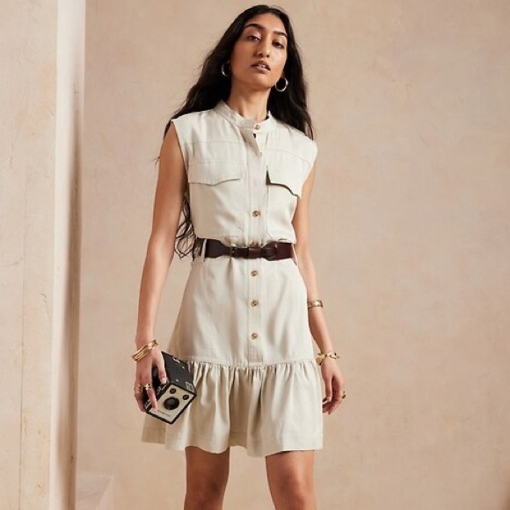 (NWT) Banana Republic Sleeveless Tencel Button-Down Belted Cream Mini Dress